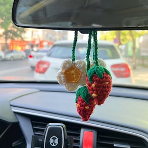 Set of Two Car Mirror Hanging | Rear View Mirror Hanging | Strawberry Car Charm | Boho Car Ornaments | Funny Car Decor | Fruit Car Accessory