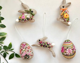 Easter Bunny Felt Ornaments Set / Easter Felt Eggs / Easter Gift / Easter Decoration / Hand Embroidery Felt Ornaments / Vintage decorations