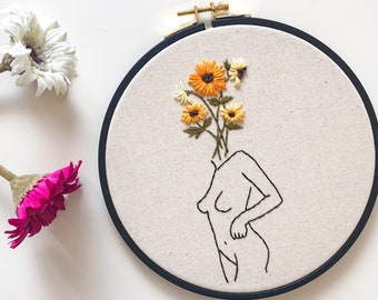 Sunflower Lady / Embroidery Kit / Beginner Embroidery / Stitching Gift / Line Art Embroidery / Feminist Hoop Art / Crewel Embroidery