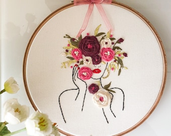 Floral Girl Embroidery Kit. Feminist Hoop Art. Hand Embroidery. Modern Embroidery. Stitching gift. Bloom Embroidery.