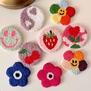 Set of Two Car Coasters | Tufted Cute Car Coaster | Personalized Car Decor | New Car Gift | Funny Car Accessory | Flower, Heart, Smiley Rugs