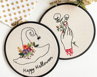 Happy Halloween Embroidery Kit Set / Beginner Embroidery / Halloween Floral Witch Hat / Craft Kit / Halloween DIY Gift / Needle Point Kit