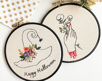 Happy Halloween Embroidery Kit Set / Beginner Embroidery / Halloween Floral Witch Hat / Craft Kit / Halloween DIY Gift / Needle Point Kit