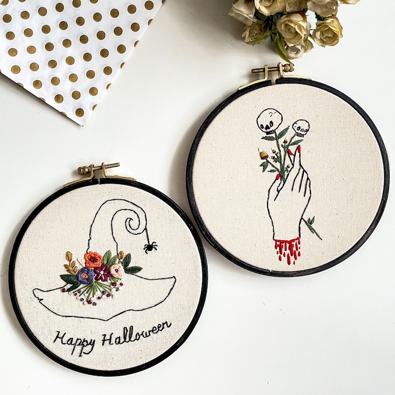 Happy Halloween Embroidery Kit Set / Beginner Embroidery / Halloween Floral Witch Hat / Craft Kit / Halloween DIY Gift / Needle Point Kit image 2