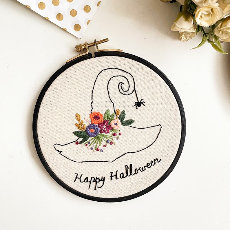 Happy Halloween Embroidery Kit Set / Beginner Embroidery / Halloween Floral Witch Hat / Craft Kit / Halloween DIY Gift / Needle Point Kit image 4