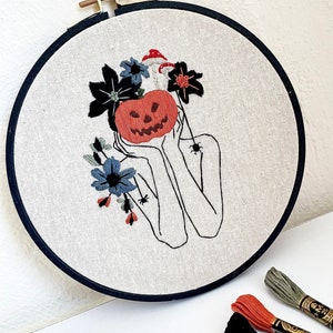 Halloween Embroidery Kit . Pumpkin Female Embroidery Kit. Autumn Hoop Art. Halloween Decoration. Beginner Embroidery Kit. image 2