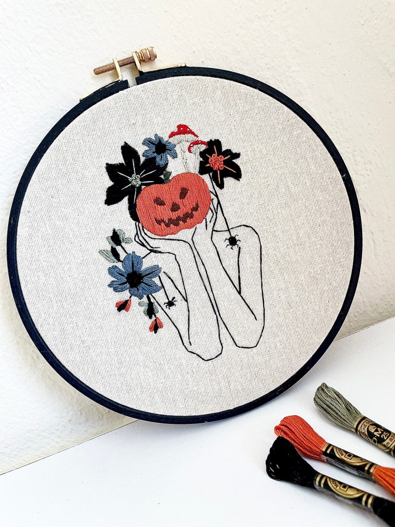 Halloween Embroidery Kit . Pumpkin Female Embroidery Kit. Autumn Hoop Art. Halloween Decoration. Beginner Embroidery Kit. image 2