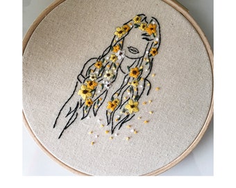 Sunflower Girl Embroidery Pattern / PDF Pattern / Beginner Embroidery / Feminist Needlepoint Pattern
