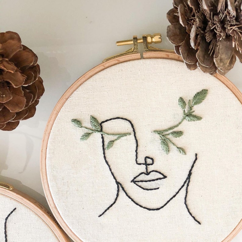 2 Girls One Line Art 2 Hoops. Embroidery Hoops. Modern Embroidery. Girls with flower. Modern Embroider Hoop Art. Girl w Green Leafs