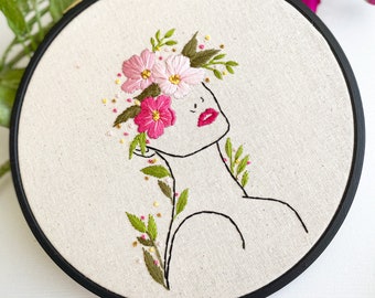 Modern Line Art Embroidery Kit. Floral Girl Embroidery. Feminist Hoop Art.  Modern Needle Craft Kit. Hand Embroidery Kit or Finished Product. 