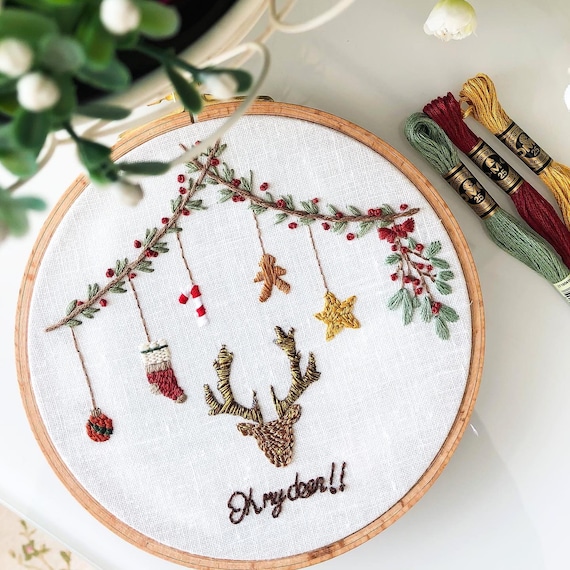 Two Christmas Deer Hand Embroidery Kit - Stitched Modern