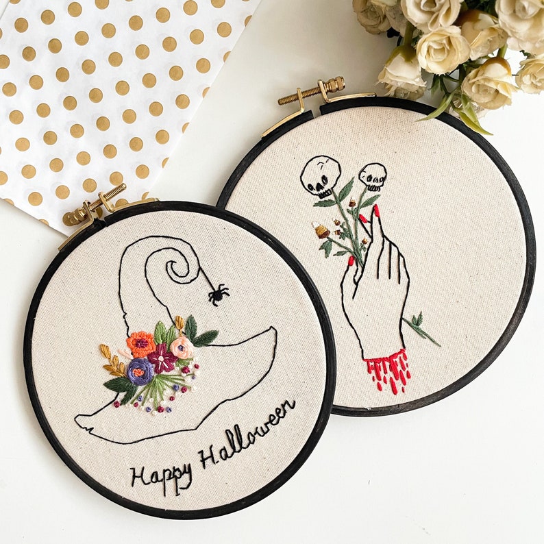 Happy Halloween Embroidery Kit Set / Beginner Embroidery / Halloween Floral Witch Hat / Craft Kit / Halloween DIY Gift / Needle Point Kit Set of 2 Full Kit