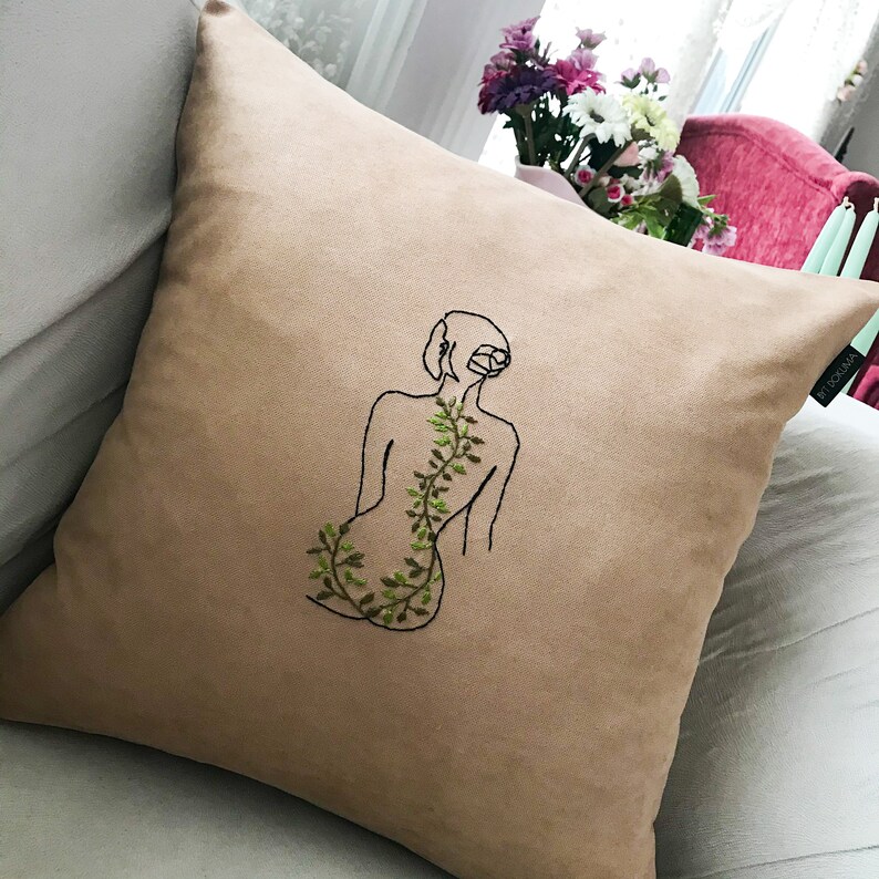 Leaf Female Embroidery Cushion Kit DIY Modern Hand Embroidery Feminist Embroidery Kit Velvet Embroidery Pillow Stitching Gift