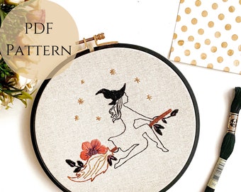 Halloween Witch PDF Embroidery Pattern / Autumn Embroidery / Beginner Embroidery / with How to Stitch Guide