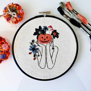 Halloween Embroidery Kit . Pumpkin Female Embroidery Kit. Autumn Hoop Art. Halloween Decoration. Beginner Embroidery Kit. image 1