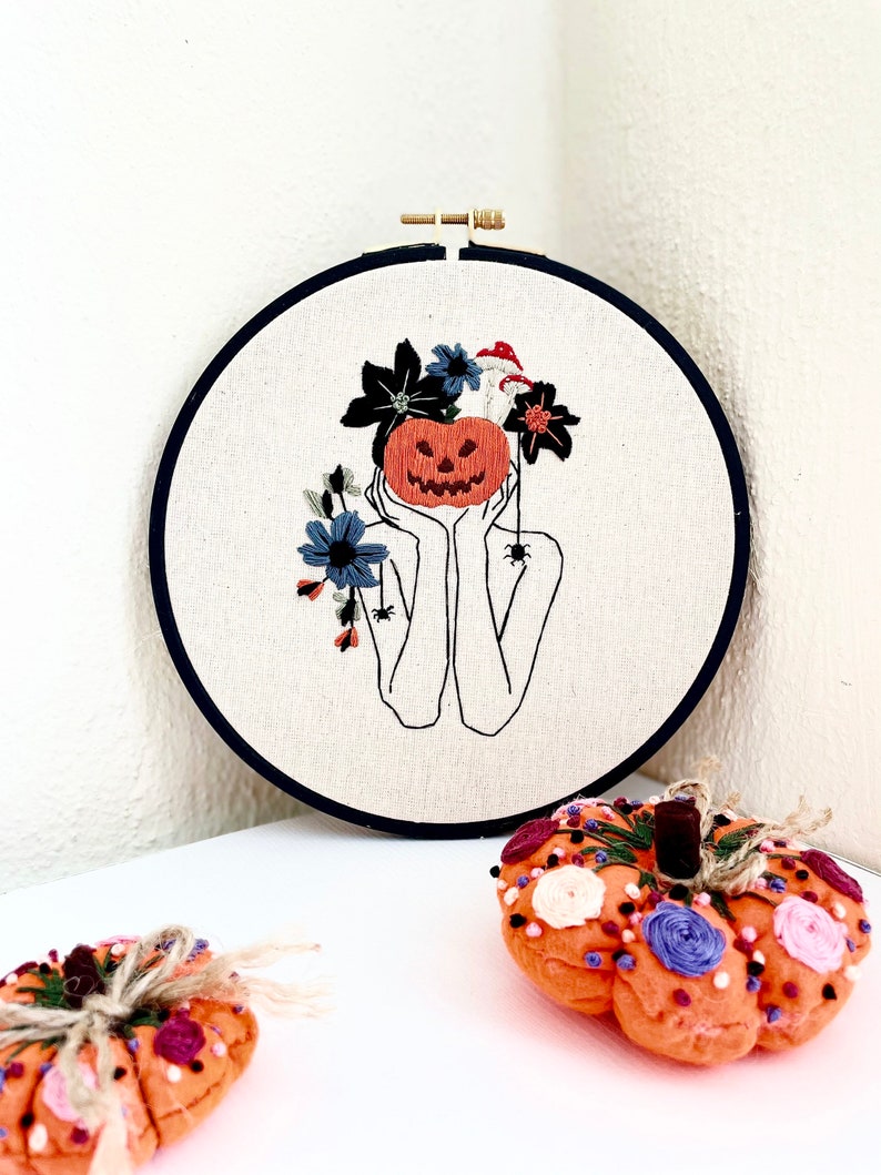 Halloween Embroidery Kit . Pumpkin Female Embroidery Kit. Autumn Hoop Art. Halloween Decoration. Beginner Embroidery Kit. image 5