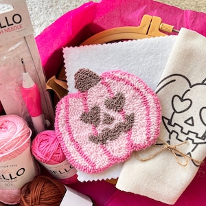 Halloween Pumpkin Punch Needle Kit, Mug Rug Punch Needle Kit for Beginner, DIY Halloween Gift, Spooky Season, Pink Halloween Coasters