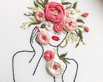Modern Line Art Embroidery Kit. Floral Girl Embroidery. Feminist Hoop Art. Modern Needle Craft Kit. Hand Embroidery Kit or Finished Product.
