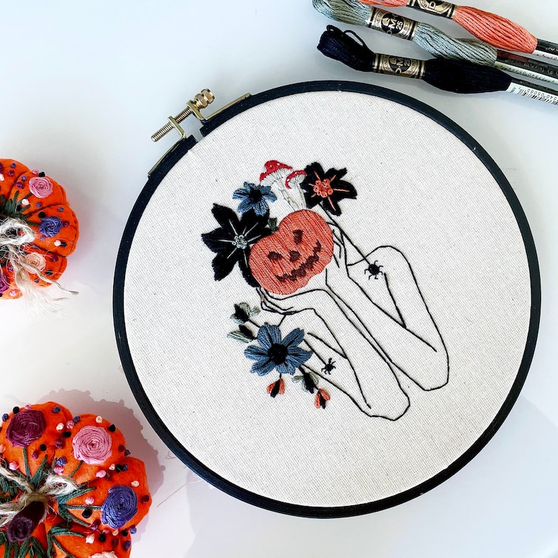 Halloween Embroidery Kit . Pumpkin Female Embroidery Kit. Autumn Hoop Art. Halloween Decoration. Beginner Embroidery Kit. image 4