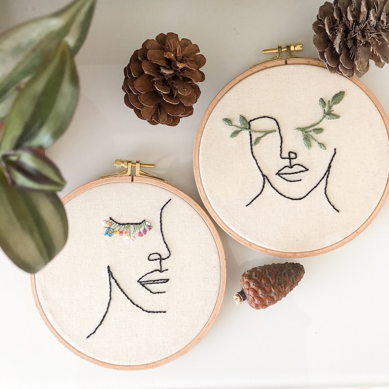 2 Girls One Line Art 2 Hoops. Embroidery Hoops. Modern Embroidery. Girls with flower. Modern Embroider Hoop Art. image 1