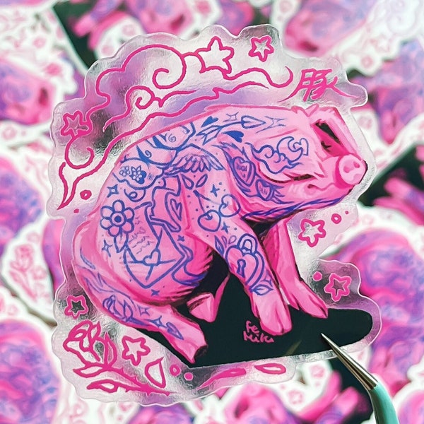 Pink Piggy Transparent Waterproof Sticker! Soft Grunge pastel goth Sticker! Original Artwork of a Valentine's themed tattooed pig!