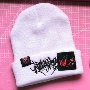 Cybersigil Demon Beanie With Original Art patches! Black and white Pastel Goth streetwear apparel &lt;3