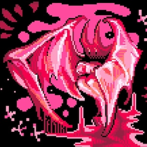 Op de afbeelding: Een gepixelde digitale kunst-illustratie van een roze en wit wezen met een schedelvormig hoofd en scherpe tanden. Het wezen is geplaatst tegen een zwarte achtergrond met roze spetters en sterren.