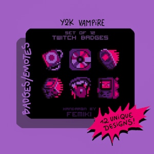 Y2K Vampire Twitch Badges 12x! Pixel Art Emotes and Sub Badges