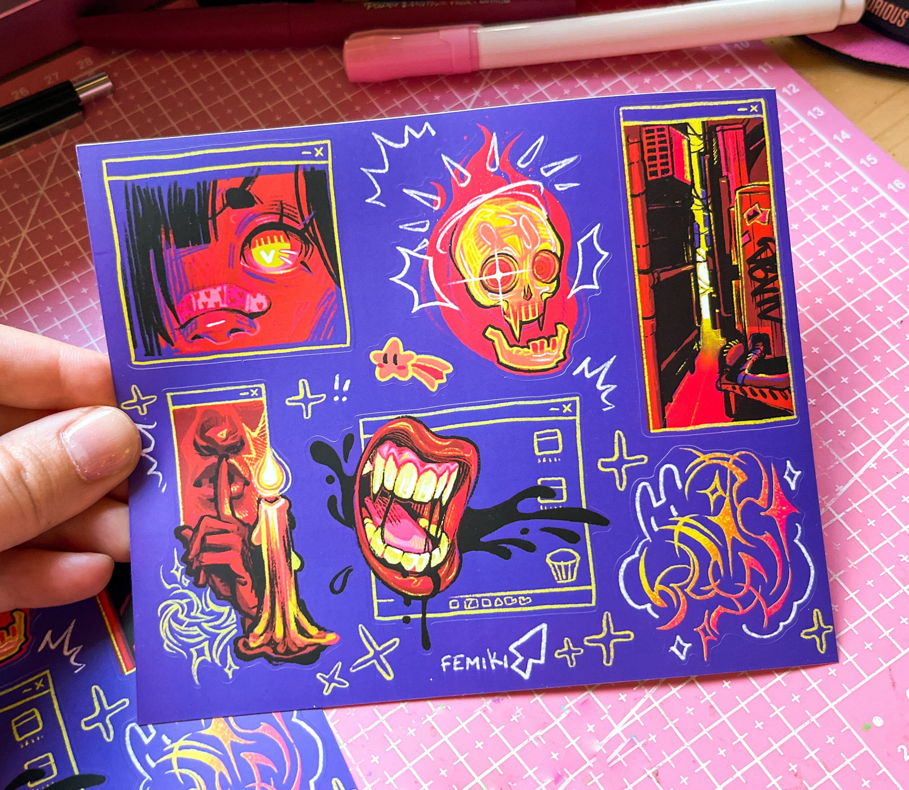 Demon Girl Sticker Bogen! Original neon lila Gothic Kunstwerk <3