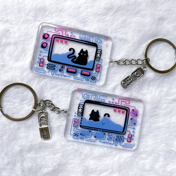 Virtual Pet Cat Keychain <3 Always With You Tamagotchi inspired double-sided Transparent epoxy keychain, 90's kids nostalgiacore, flip phone