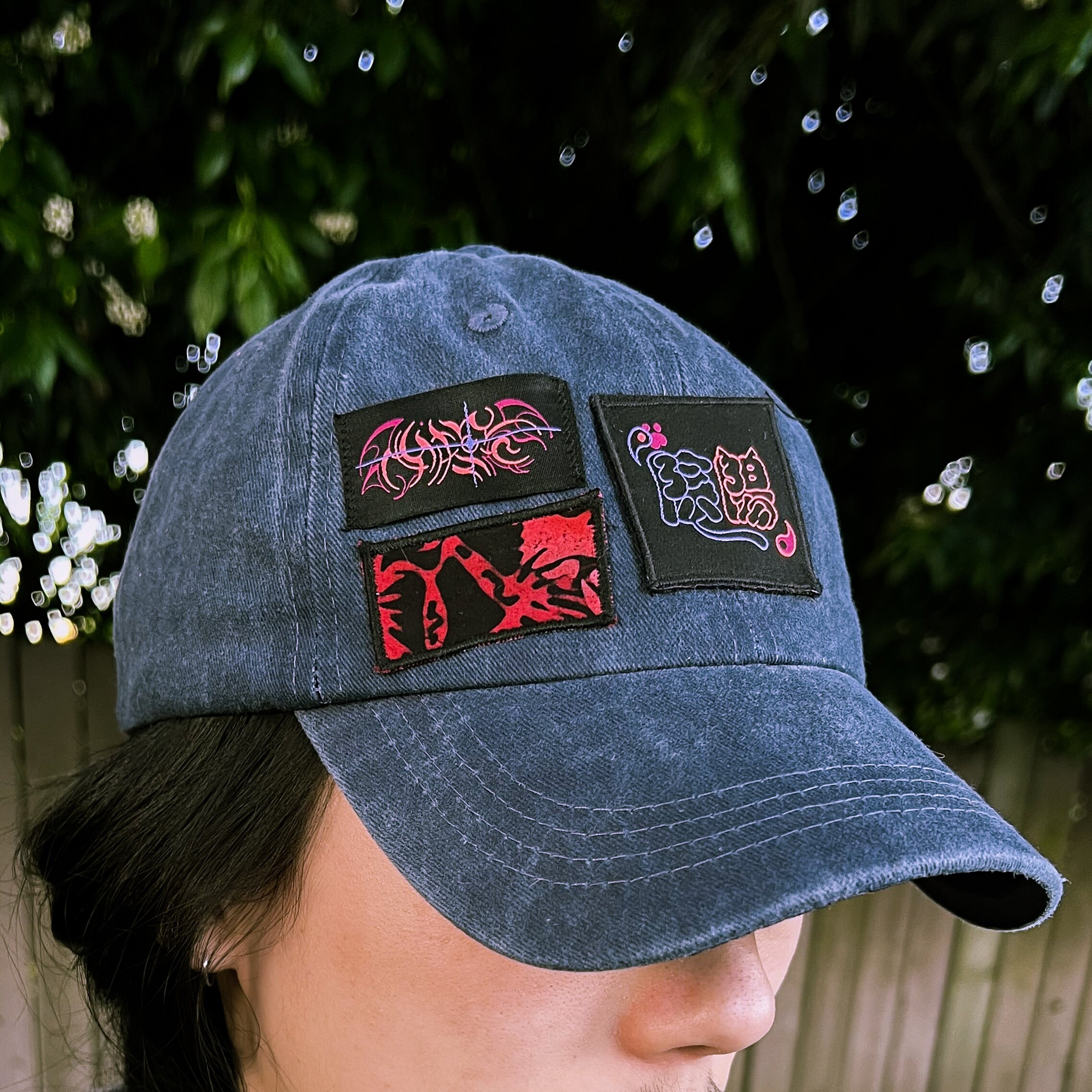 90s Style Hat! Fabric Patch Acid Washed Baseball Cap - Blue