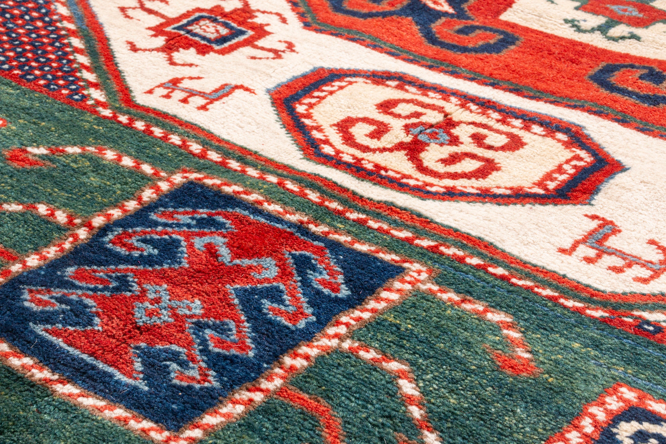 New Kazak Transitional Red and Green Wool Rug with Horn Motifs Etsy