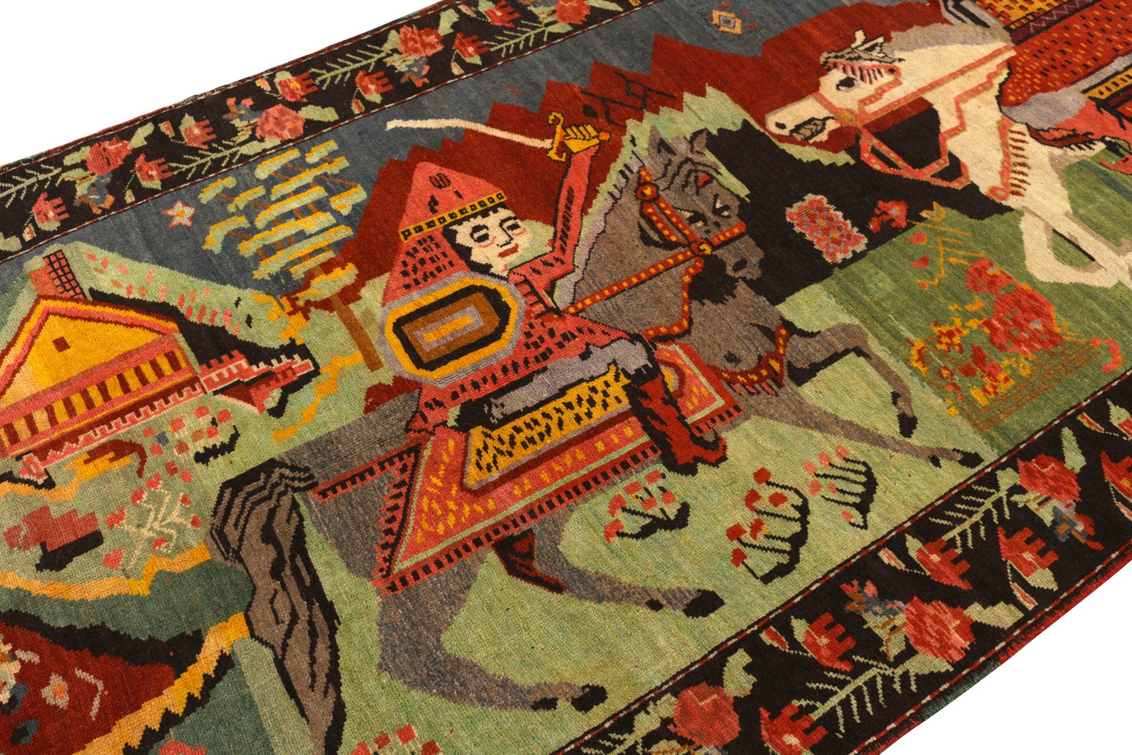 Handknotted Midcentury Pictorial Rug Green Red Vintage Etsy