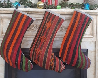 Christmas Stocking Set of Three, kilim stocking pack of 3, Holiday Stocking Set, Fireplace Socks, Christmas decor, southwestern stocking