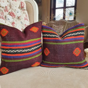 Turkish Kilim Pillow Cover Set Brown 16x16, 70s vintage Pillow, Boho Pillow, Multicolor Pillow, rug Colorful pillow, handwoven pillow pair