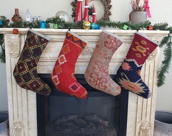 ETSY's pick christmas stocking set of 4, Boho Holiday Stocking Set, Large Kilim Stocking, Designer Santa Sock, Authentic Fireplace stocking