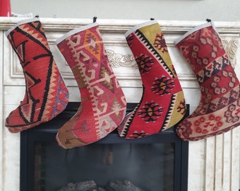 Kilim Christmas Stocking, Large Colorful Holiday Stocking, Luxury Fireplace Stocking for Family, Vintage Family Stocking