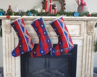 Holiday Stockings Set of 3, Blue red Christmas Stocking Set of Three, large kilim stocking, Santa Socks, Boho Stocking, christmas decor gift