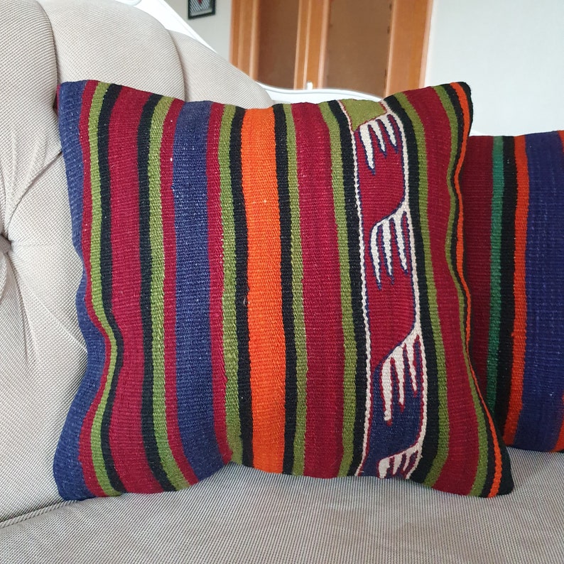 16x16 southwestern pillow set Colorful striped cushion cover set Turkish kilim pillow set of 2 Navajo Cushion Authentic Boho Pillow
