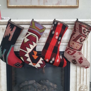 Family set of 4 Wool Christmas Stocking, Kilim Stocking, hippie holiday stocking, Family stocking, Boho Rug Stocking, christmas decoration