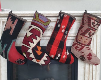 Family set of 4 Wool Christmas Stocking, Kilim Stocking, hippie holiday stocking, Family stocking, Boho Rug Stocking, christmas decoration