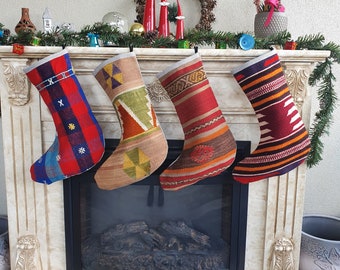 Set of 4 Kilim Christmas Stocking, Large family Stocking, Rug stocking, Colorful Holiday Stocking, Fireplace santa sock, hippie stocking set