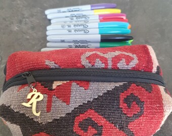 Personalized Kilim Makeup Bag: Vintage Cosmetic & Pencil Pouch