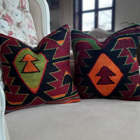 Kilim Pillow Cover Set of 2 Wool Tile Red Ethnic Pillow Etsy