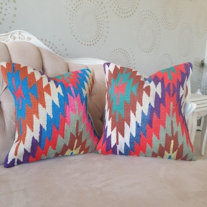 Pink aztec tribal pillow, Kilim Pillow Set of 2 16x16 Colorful, Southwestern pillow, 1970s pillow, Boho navajo pillow, nomadic pillow