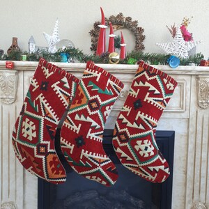 Red Kilim Pattern Fabric Christmas Stockings: Family Holiday Decor