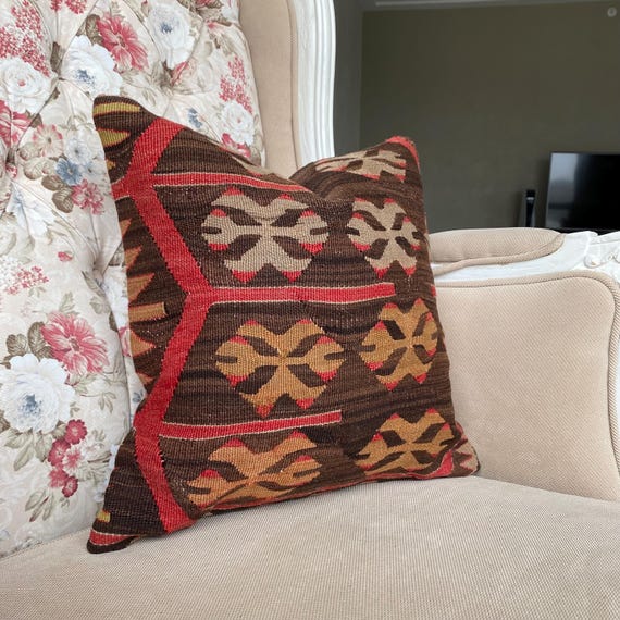 Vintage Kilim Pillow Cover 16x16: Brown, Pink, Beige Oriental Rug