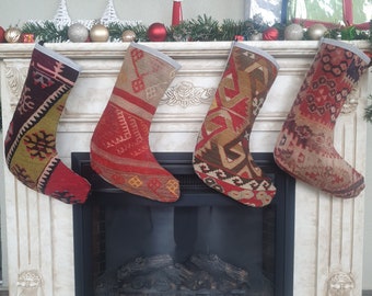 Set of 4 Large Christmas Stockings, wool rug Colorful holiday Stocking, Family kilim Stocking, xmas decoration stocking, santa stocking pack