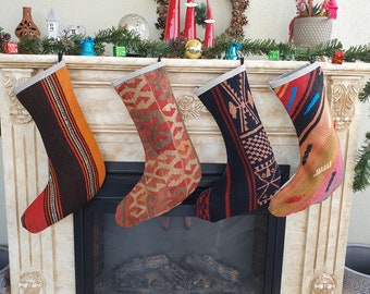 READY TO SHIP Boho Christmas Stocking Set of 4, Large family Stocking, Kilim stocking, Colorful Holiday Stocking, christmas decor