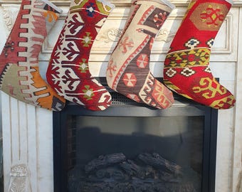 Vintage Large Christmas Stockings, wool rug Colorful holiday Stocking, Family kilim southwestern santa stocking